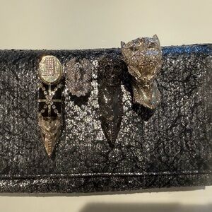 Philipp Plein Exotic Black Silver Clutch with Crystal Skull Leopard Rings NWT
